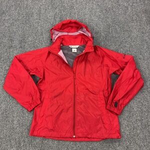 Columbia Jacket Womens Large Red Zip Hooded Packable Lightweight Windbreaker
